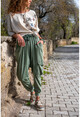Kadın Haki Yıkamalı Zımbalı Cepli Beli Lastikli Şalvar Pantolon GK-RSD2002