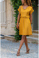 Womens Mustard Waist Pleated Collar Slit Linen Dress GK-BST2874