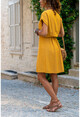 Womens Mustard Waist Pleated Collar Slit Linen Dress GK-BST2874