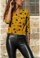 Womens Mustard Brown Patterned Crepe Blouse with Slit Collar BST2256