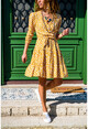 Womens Mustard Double-breasted Belted Kleated Dress GK-TD1993