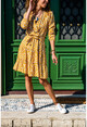 Womens Mustard Double-breasted Belted Kleated Dress GK-TD1993