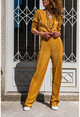 Womens Mustard Pleated Double Breasted Jumpsuit GK-TD400