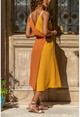 Kadın Hardal-Taba Hasır Askılı Kruvaze Color Block Airobin Elbise BST2922