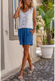 Womens Indigo Waist Elastic Double Leg Linen Shorts BST2891