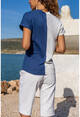 Kadın İndigo-Beyaz V Yaka Color Block Bluz BST3141