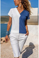 Kadın İndigo-Beyaz V Yaka Color Block Bluz BST3141