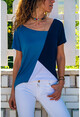 Womens Indigo Color Block Loose T-Shirt GK-JR402