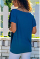 Kadın İndigo Color Block Salaş T-Shirt GK-JR402