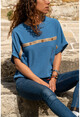 Kadın İndigo Hasır Düğme Detaylı Salaş Bluz GK-BST2851