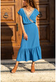 Womens Indigo Straw Embroidered Skirt Frilly Long Dress GK-BST2556