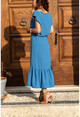 Kadın İndigo Hasır İşlemeli Eteği Fırfırlı Uzun Elbise GK-BST2556