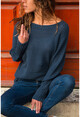 Womens Indigo Boat Collar Honeycomb Bat Thin Woven Sweater GK-CCKZK