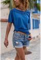 Kadın İndigo Yıkamalı Eteği Ve Omzu Fileli Yumuşak Dokulu Salaş T-Shirt GK-RSD2063