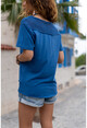 Kadın İndigo Yıkamalı Eteği Ve Omzu Fileli Yumuşak Dokulu Salaş T-Shirt GK-RSD2063