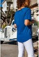 Kadın İndigo Yıkamalı Fileli Tek Cep Salaş T-Shirt GK-RSD2030