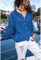 Kadın İndigo Yıkamalı Keten Fileli Bağlamalı Kapüşonlu Bluz GK-RSD2021