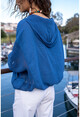 Kadın İndigo Yıkamalı Keten Fileli Bağlamalı Kapüşonlu Bluz GK-RSD2021