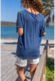 Womens Indigo Washed Shoulder Laser Cut Printed Loose T-Shirt GK-RSD2059