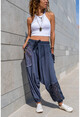 Kadın İndigo Yıkamalı Püskül Dantel Detaylı Salaş Şalvar Pantolon GK-RSD2052
