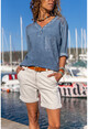 Kadın İndigo Yıkamalı Yarım Patlı Dantelli Pul Detaylı Bluz GK-RSD2054