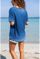 Kadın İndigo Yıkamalı Yırtıklı İşlemeli T-Shirt GK-CCK58052