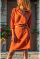 Kadın Kiremit Airobin Yakası Garnili Polo Yaka Elbise GK-BST2963