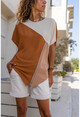 Kadın Kiremit-Bej Airobin Color Block Omzu Yırtmaçlı Fermuar Detaylı Bluz BST3139