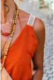 Kadın Kiremit-Bej Hasır Askılı Kruvaze Color Block Airobin Elbise BST2922