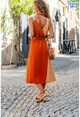 Kadın Kiremit-Bej Hasır Askılı Kruvaze Color Block Airobin Elbise BST2922
