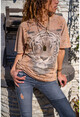 Kadın Kiremit Yıkamalı Kaplan Baskılı Salaş T-Shirt GK-RSD2029
