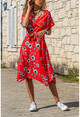 Womens Red Asymmetrical Cut Double Breasted Floral Dress GK-BSTK4164