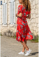 Kadın Kırmızı Asimetrik Kesim Kruvaze Çiçekli Elbise GK-BSTK4164