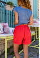 Womens Red Elastic Waist Double Leg Linen Shorts BST2891