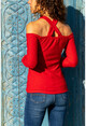 Kadın Kırmızı Boyundan Bantlı Omuz Dekolteli Bluz GK-BST3017