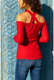 Womens Red Halter Neck Off-the-Shoulder Blouse GK-BST3017