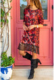 Womens Red Patterned Skirt Lace Detailed Dress BSTH5063