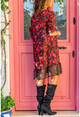 Kadın Kırmızı Desenli Eteği Dantel Detaylı Elbise BSTH5063
