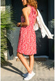 Kadın Kırmızı Halter Yaka Desenli Kiloş Elbise GK-BSTK4106