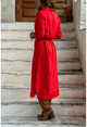 Kadın Kırmızı Kendinden Kemerli Uzun Gömlek Elbise BSTK4480