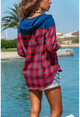 Womens Red-Navy Hooded Plaid Shirt GK-AYN1794