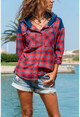 Womens Red-Navy Hooded Plaid Shirt GK-AYN1794