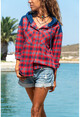 Kadın Kırmızı-Laci Kapüşonlu Ekose Gömlek GK-AYN1794