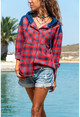 Womens Red-Navy Hooded Plaid Shirt GK-AYN1794