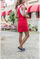 Kadın Kırmızı Önü Cepli Salaş Kot Salopet Elbise GK-CM216
