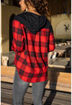 Kadın Kırmızı-Siyah Kapüşonlu Ekose Gömlek GK-AYN1794