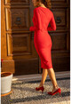Kadın Kırmızı V Yaka Kendinden Simli Slim Elbise GK-BST3015