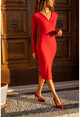 Kadın Kırmızı V Yaka Kendinden Simli Slim Elbise GK-BST3015