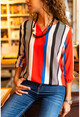 Womens Red Collar Slit Striped Crepe Blouse GK-BST2752