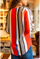 Kadın Kırmızı Yakası Yırtmaçlı Çizgili Krep Bluz GK-BST2752